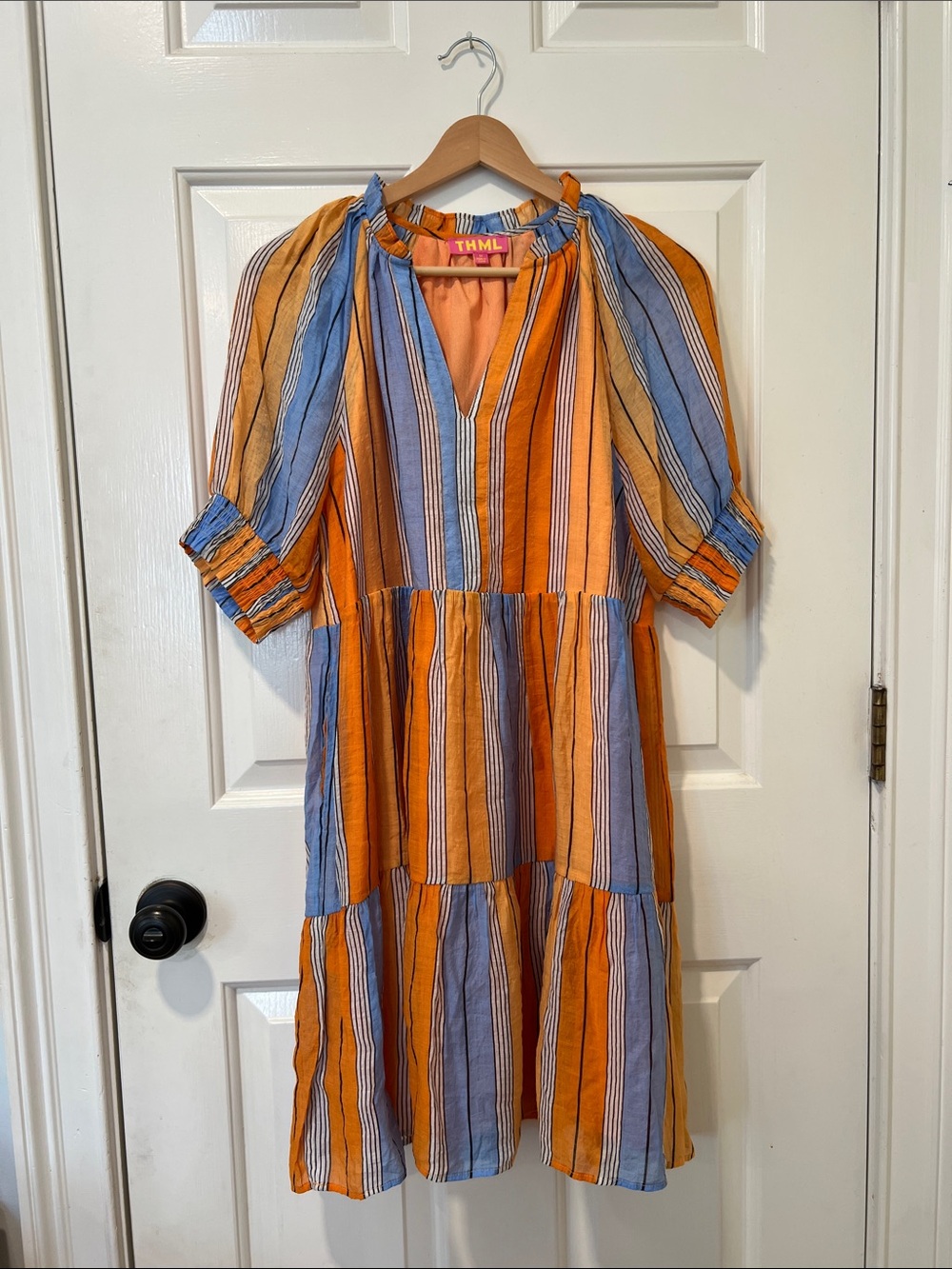 THML Orange & Blue Striped Tiered Midi Dress